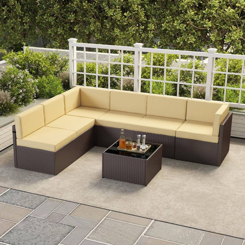 7PC Outdoor Patio Furniture Set, Wicker Patio Sectional Furniture Set with Coffee Table & Cushion for Garden, Backyard, Poolside
