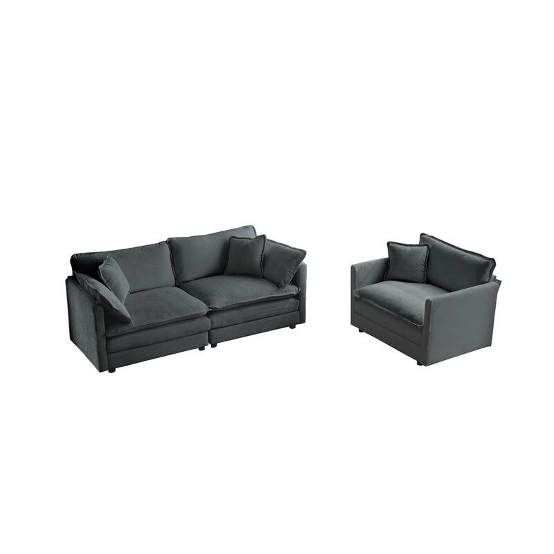 3-Piece Chenille Living Room Sofa Set (Loveseat + Accent Chair) with Solid Wood Frame & Plush Cushions