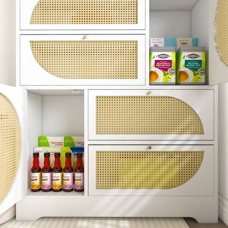 Modern Rattan Door Hutch Cabinet with Power Outlet, Tall Freestanding Pantry with Drawers and Shelves, Buffet Sideboard