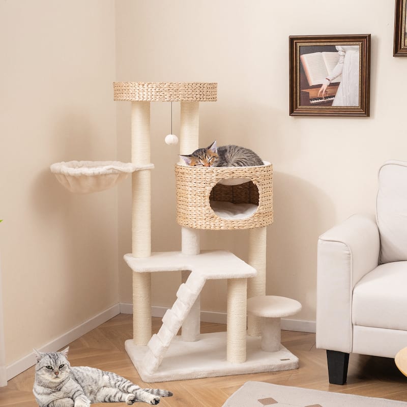 Modern Cat Tree for Indoor Cats with Cattail Fluff Condo and Top Perch - 28" x 20" - White-Natural