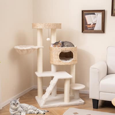 Modern Cat Tree for Indoor Cats with Cattail Fluff Condo and Top Perch - 28" x 20"