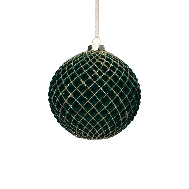 4-Piece Set Flocked 4.75" Glass Ball Christmas Ornaments with Gold Accents - Green