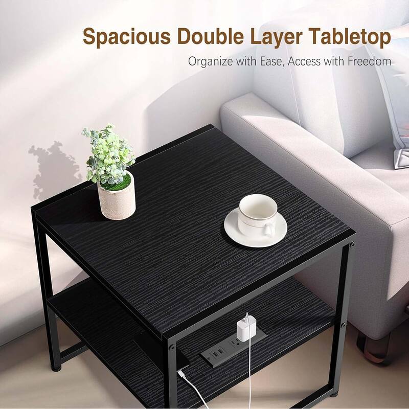 20" End Table , Industrial Square Side Table with USB Ports & Outlet