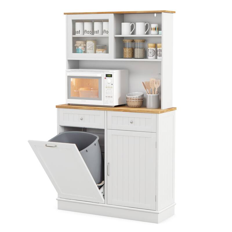 Gymax Double Tilt Out Trash Cabinet w/ Hutch Kitchen Pantry Storage - White