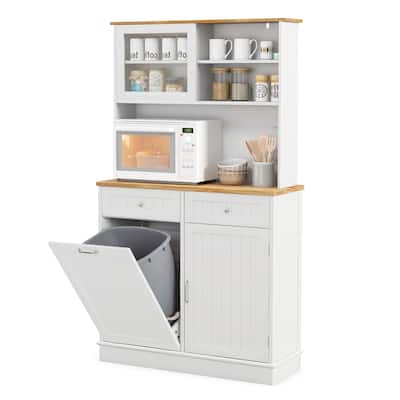 Gymax Double Tilt Out Trash Cabinet w/ Hutch Kitchen Pantry Storage