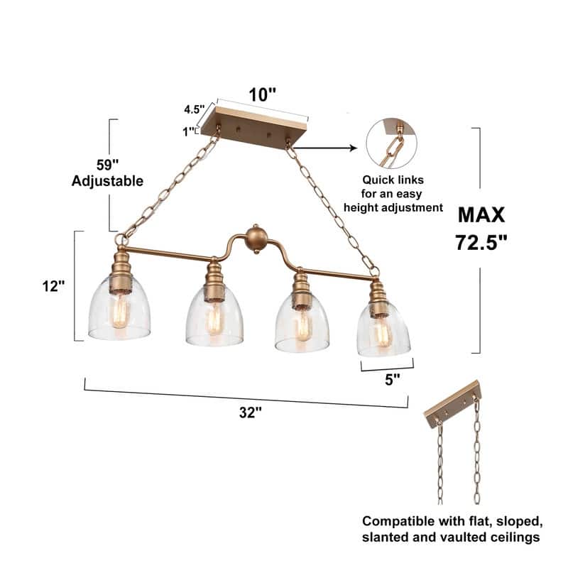 Velus Modern Gold Kitchen Island Linear Chandelier 4-light 32 inches Large Seeded Glass Lights - L32'' x W5'' x H71''