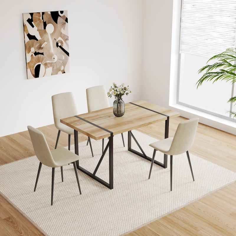 5-Piece Dining Table Set, Wooden Dining Table and 4 Linen Chairs - Natural Wood