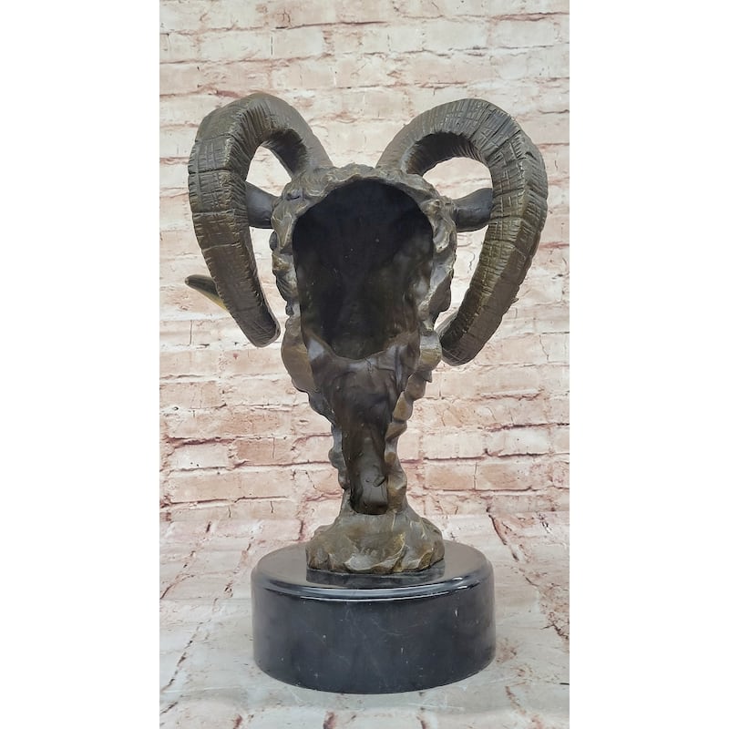 Rams Head Bust Bronze Metal Sculpture Statue On Marble Base Signed Original Art 17 Inches X 10 Inches