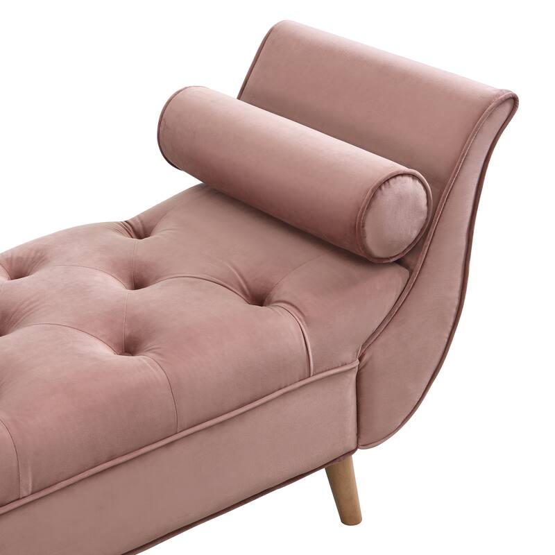 Blue Velvet Guernsey Ottoman - Button Tufted Bench with Pillows, Rolled Arms & Wood Legs