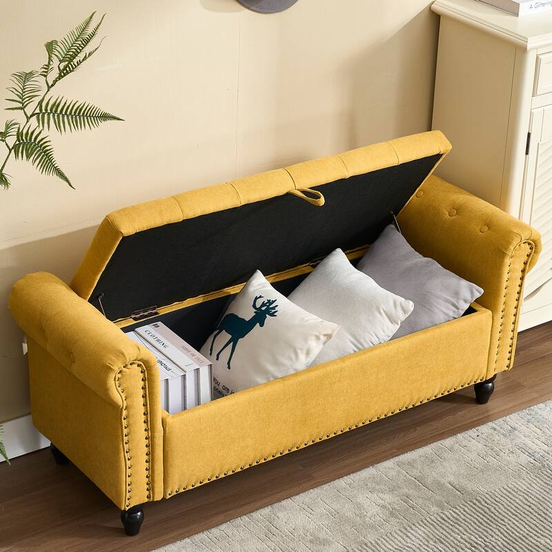 Upholstered Storage Ottoman Bench - Button Tufted Linen Ottoman with Hidden Storage for Living Room or Bedroom