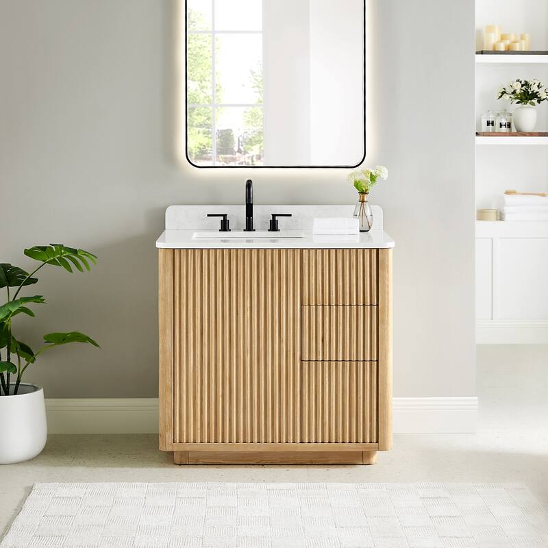 Clayton Bathroom Vanity in Washed Light Brown with Grain White Engineered Stone Countertop without Mirror