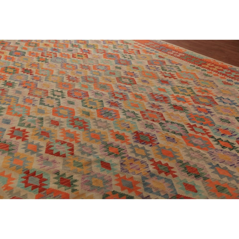 Geometric Kilim Oriental Large Rug Flatweave Wool Carpet - 10'2"x 16'10"