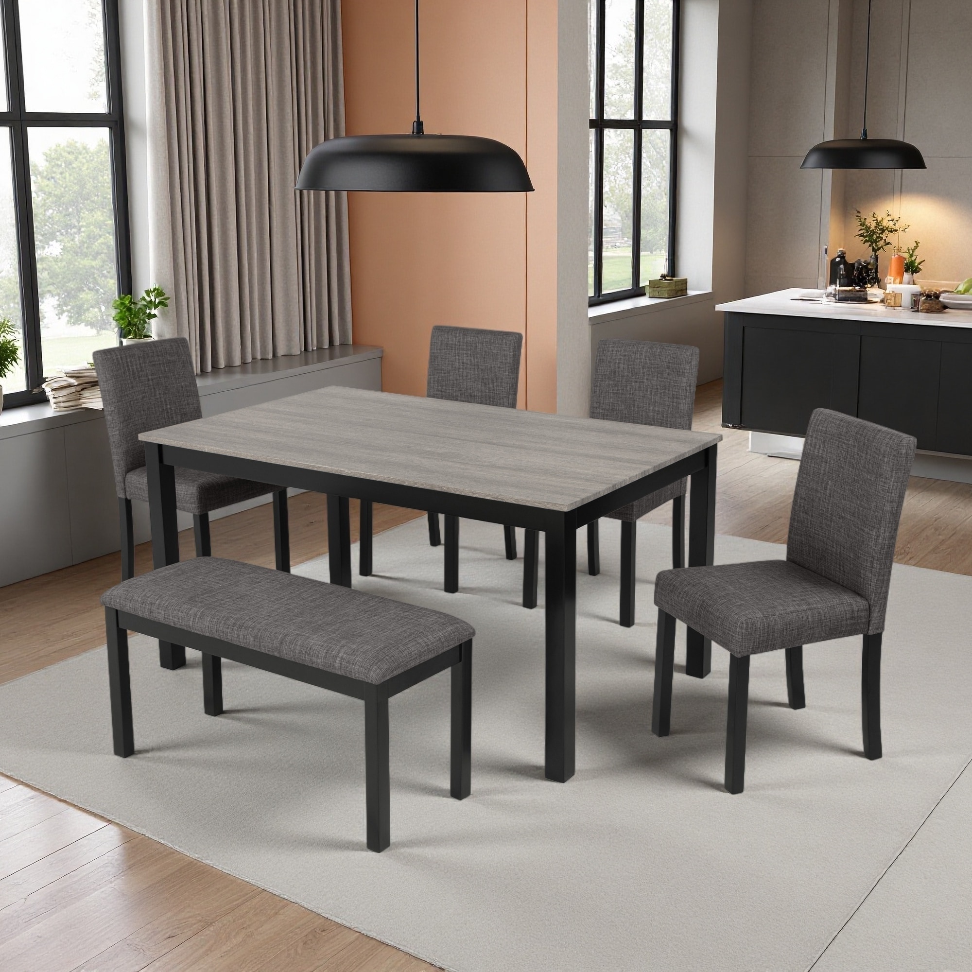5-Seater 6-Piece Dining Table Set with Rectangular Table, 4 Upholstered Chairs & a Bench
