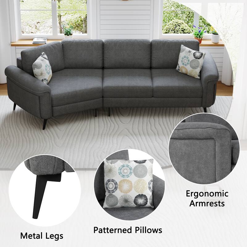 111" Chenille Curved 3-Seater Sofa with Removable Patterned Pillows