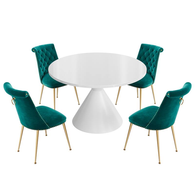 48" Light Luxury White High Gloss Large Countertop Dining Table with Velvet Dining Chair Set - Dark Green