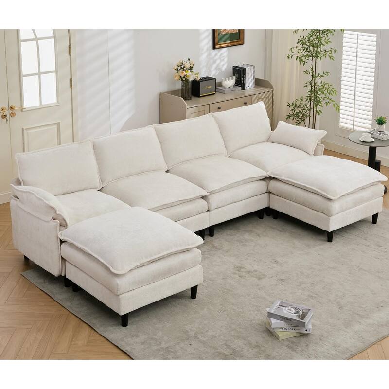 Oversized U Shaped Sectional Couch, Comfy Cloud Modular Sectional Sofa with 2 Ottoman Deep Seat Chenille Modern Cloud Sofa - Beige