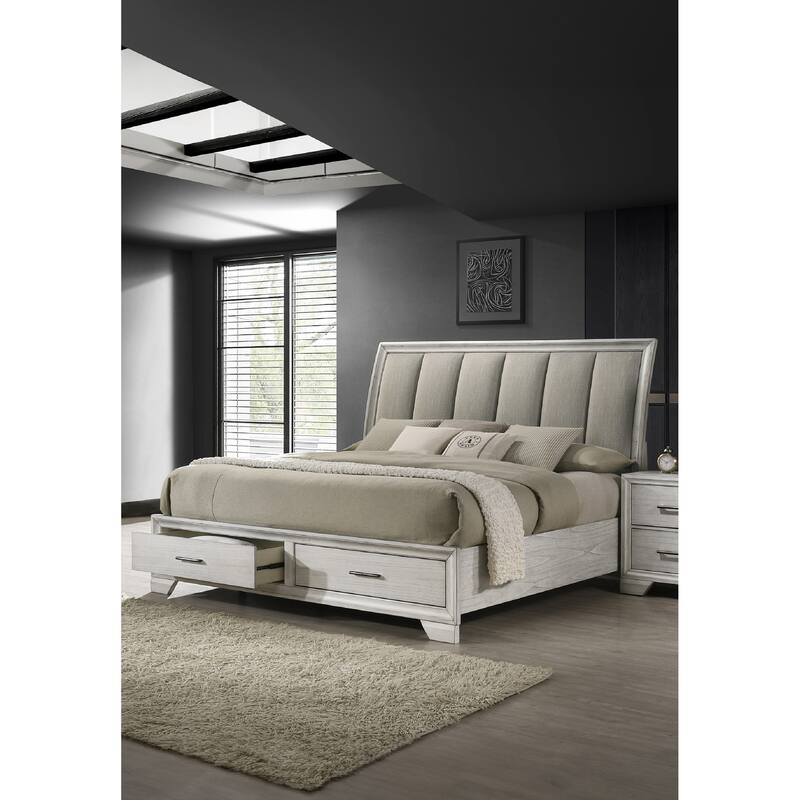 Queen Storage Platform Bed with Upholstered Headboard and Storage Drawers in White Mist