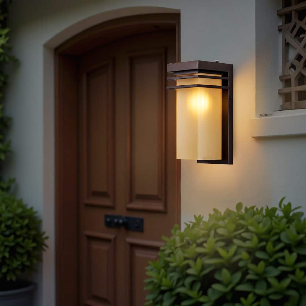 12" H Modern Bronze Outdoor Wall Sconce with Antique Amber Glass, E26 Base