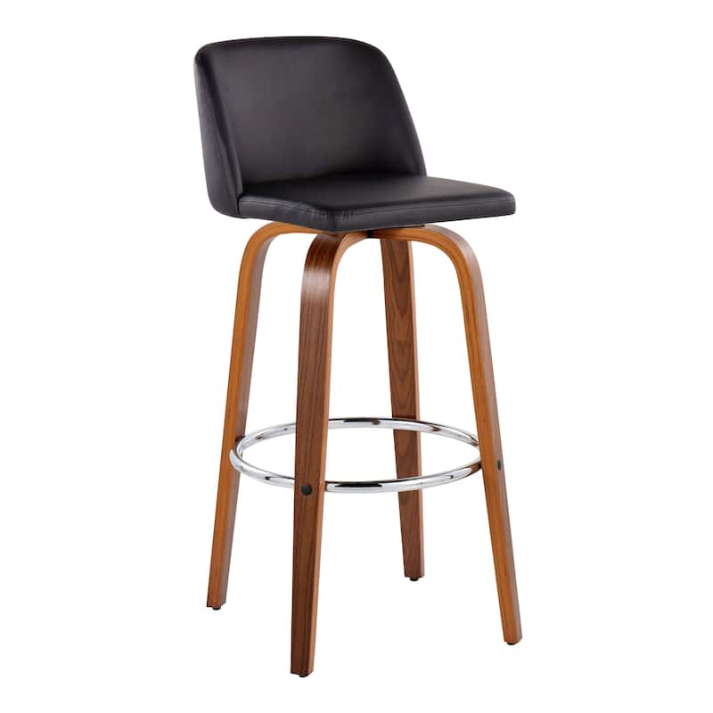 Carson Carrington Vallberga 30" Fixed-Height Bar Stool with Walnut Wood Base (Set of 2) - Black Faux Leather/Round Chrome Footrest