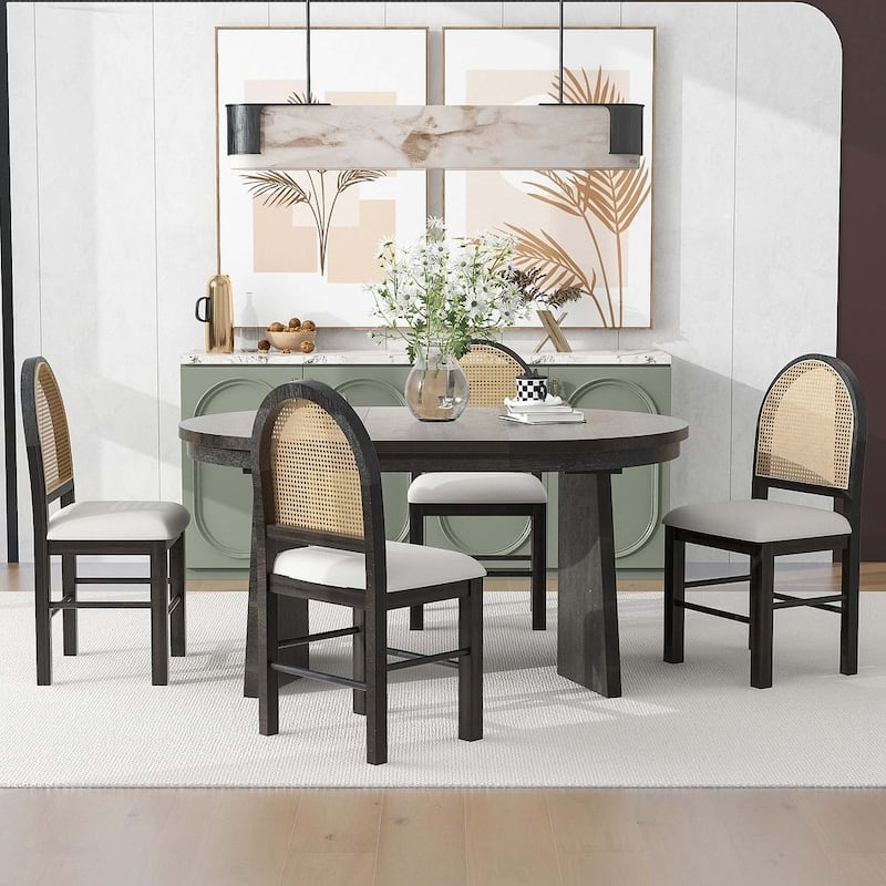 5 PCS Retro Functional Extendable Dining Set for 4 with 4 Upholstered Chairs with Rattan Backrests