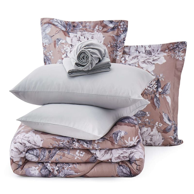 All Season Floral Printed Reversible 7-Piece Bed in a Bag With Sheet Set