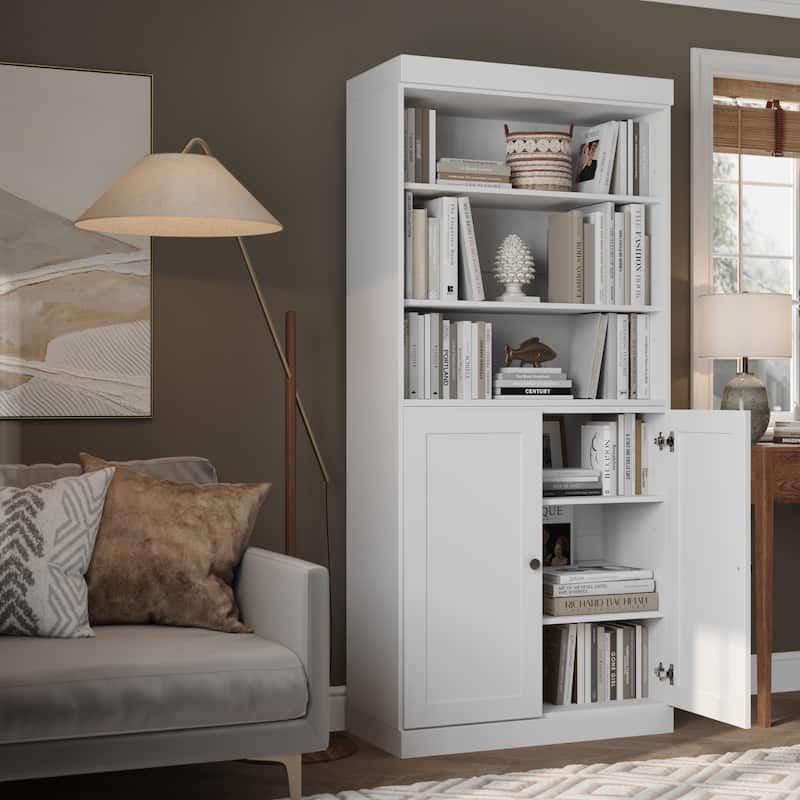 Solid Wood Tall Bookcase with Doors, Adjustable Shelves, Modular Storage, Open Display Bookshelf, 32" W x 71.5" H - White