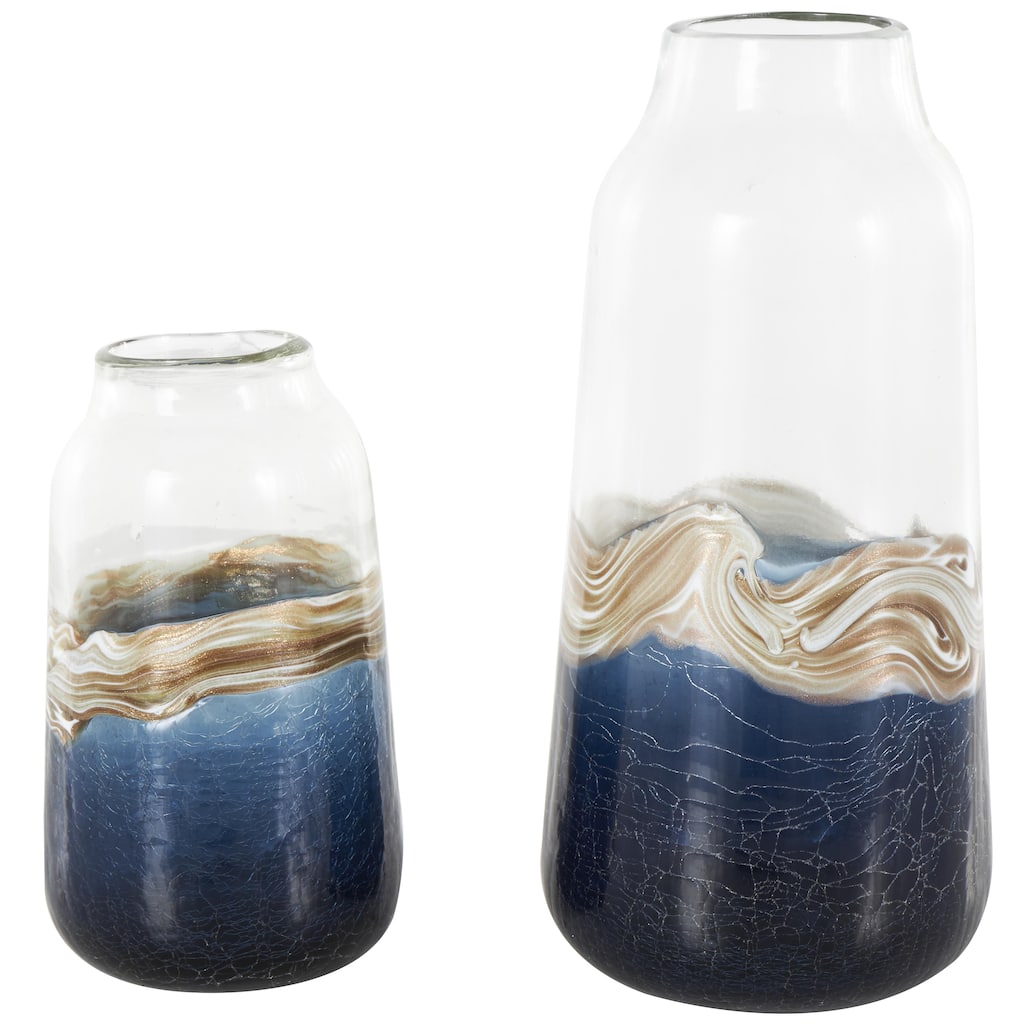 Glass Abstract Textured Swirl Decorative Vase with Gold and Cream Accents - Set of 2 Dark Blue - Roche River Decor
