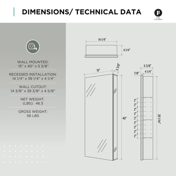 dimension image slide 4 of 15, Bathroom Medicine Cabinet, Aluminum, Recessed/Surface Mount, Right/Left Hinged, Mirrored Interior