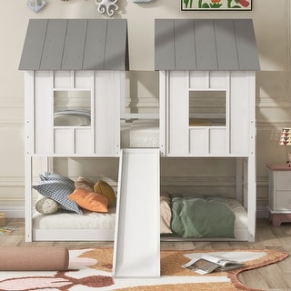 Playful Twin over Twin Wood House Bunk Kids Bed with Slide,Window,Roof
