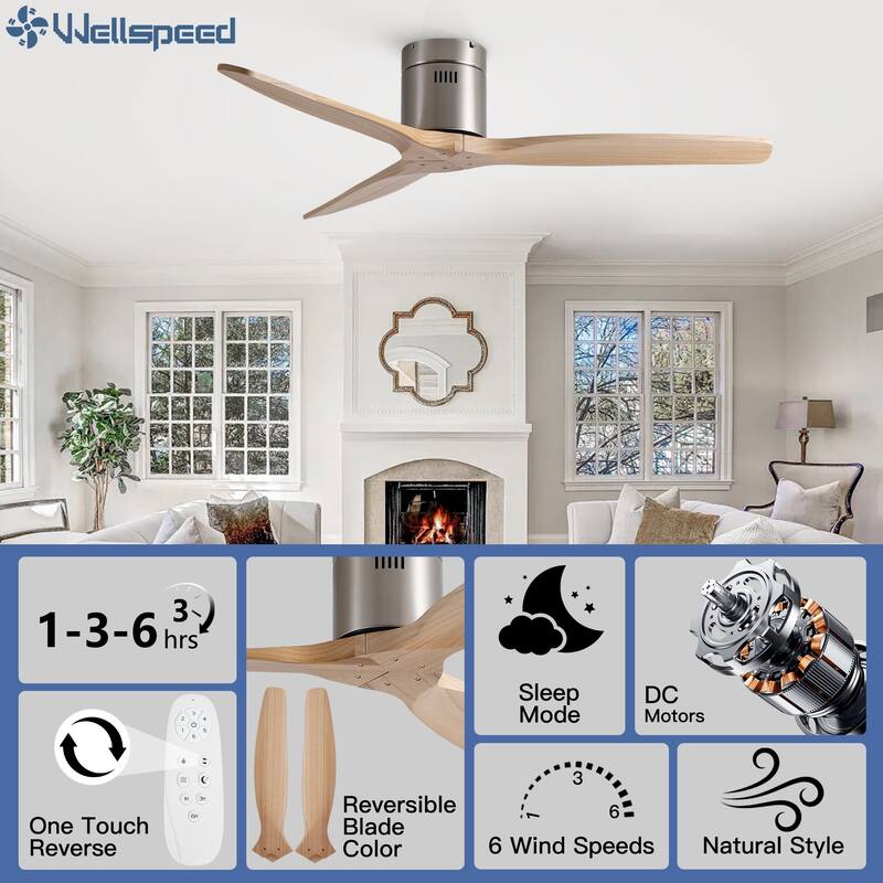 52In. Farmhouse Indoor Flush Mount Low Profile Ceiling Fan with Solid Wood Blades and Remote Control