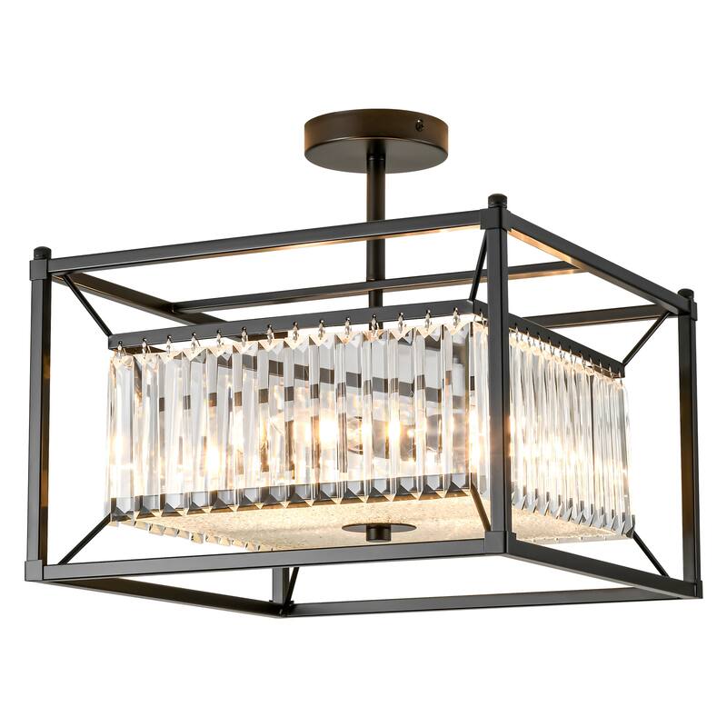 4-Light Mid-Century Modern Black Square Metal Frame Crystal Semi-Flush Mount Light - 15.75 in. W x 14.96 in. H