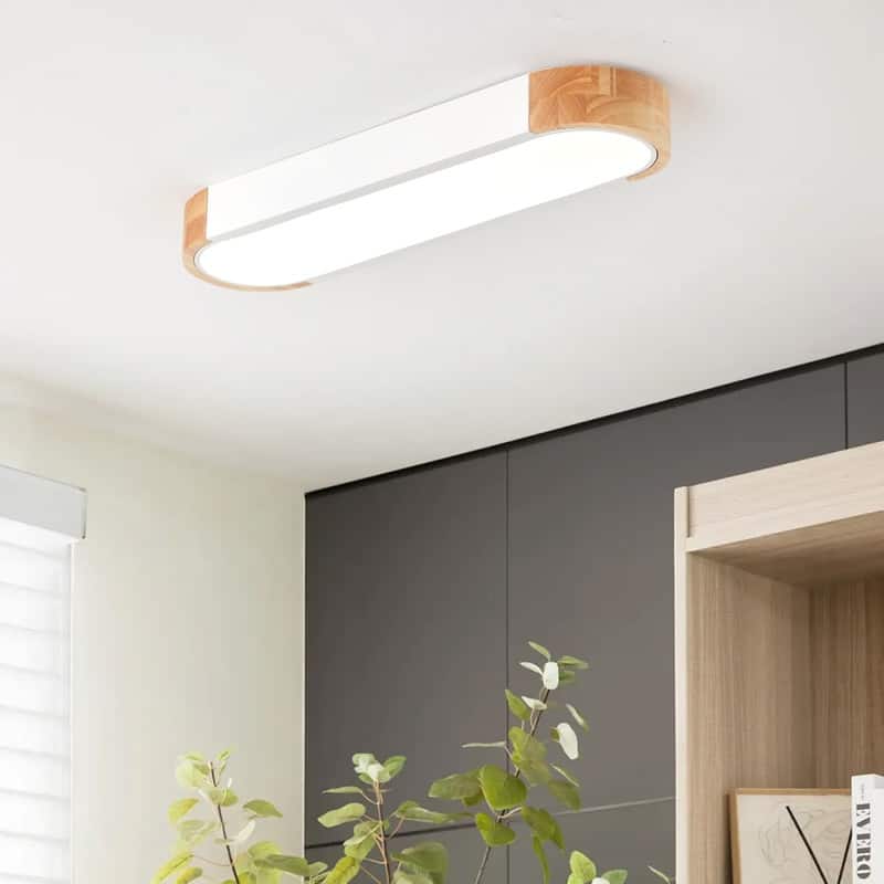 Modern Wood Grain Linear Flush Mount Ceiling Light Matte White LED Fixture for Bedroom Living Room Kitchen