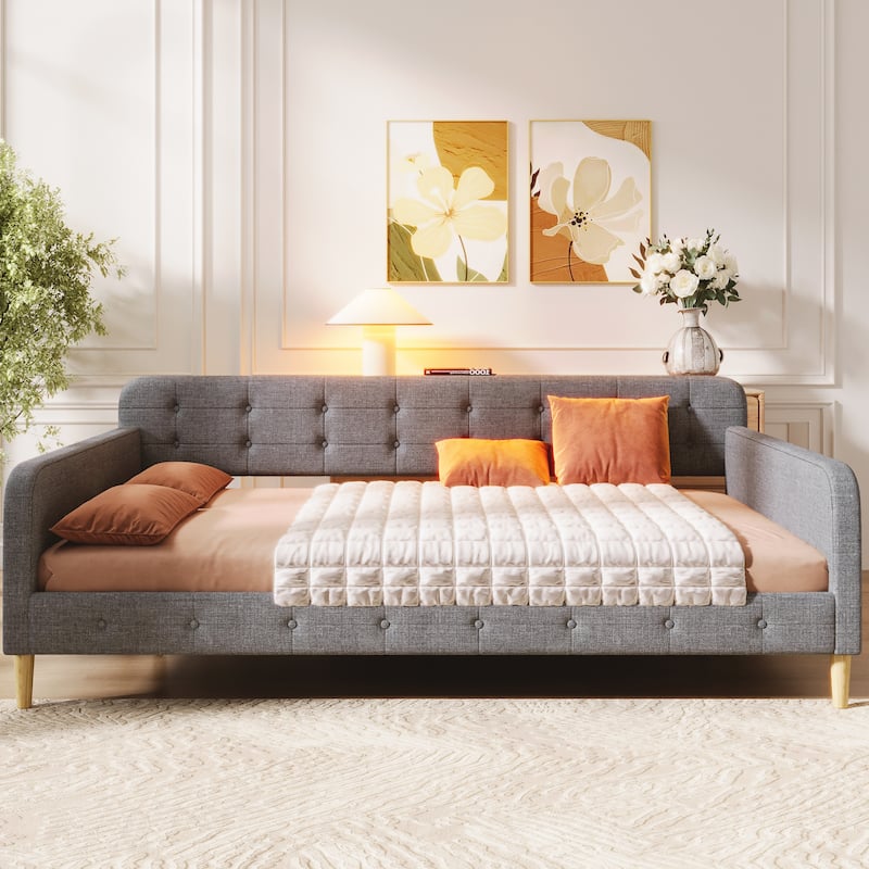 Queen Size Upholstered Daybed with 4 Support Legs, Gray