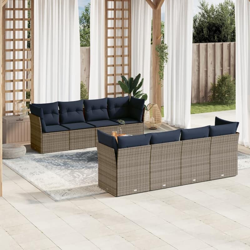 vidaXL Patio Sofa Set with Cushions Outdoor Furniture 9 Piece Poly Rattan - 24.4" x 24.4" x 27.2" - Gray - form2