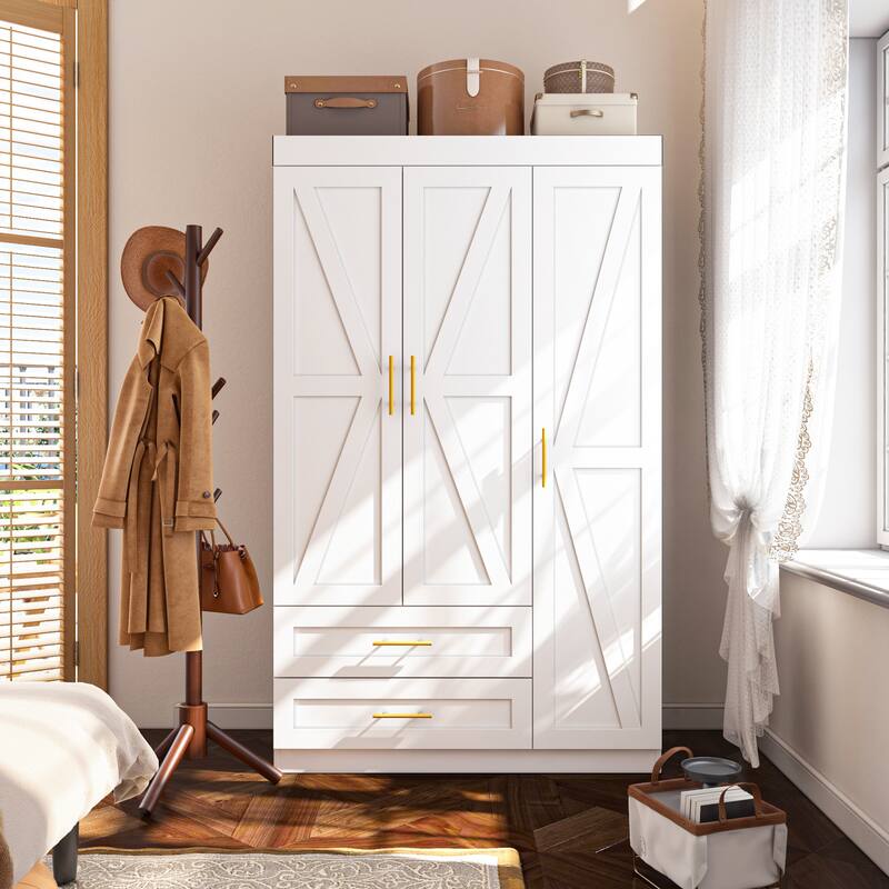 Classic Three-Door Wardrobe,Wood Bedroom Armoire with Hanging Rod and Shelves,Spacious Storage Closet,Modern Farmhouse Design