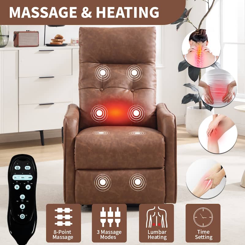 PU Leather Recliner with Single Motor Lift Massage Heat and 155 Degree Recline