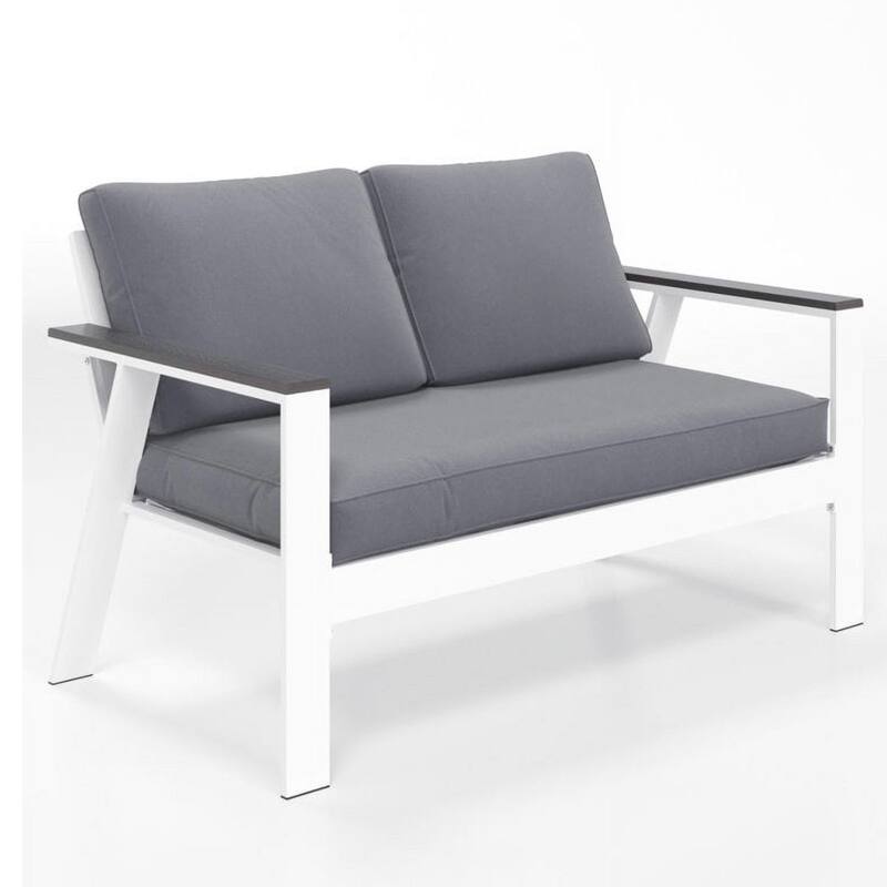 52" Aluminum Patio Loveseat with Wood Armrests & Angled Backrest - White & Light Grey