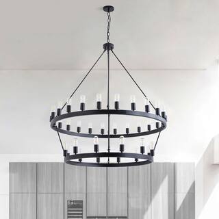 Black 36-Light Farmhouse Wagon Wheel Industrial Large Round Chandelier