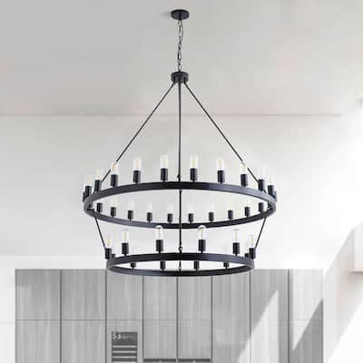 Black 36-Light Farmhouse Wagon Wheel Industrial Large Round Chandelier