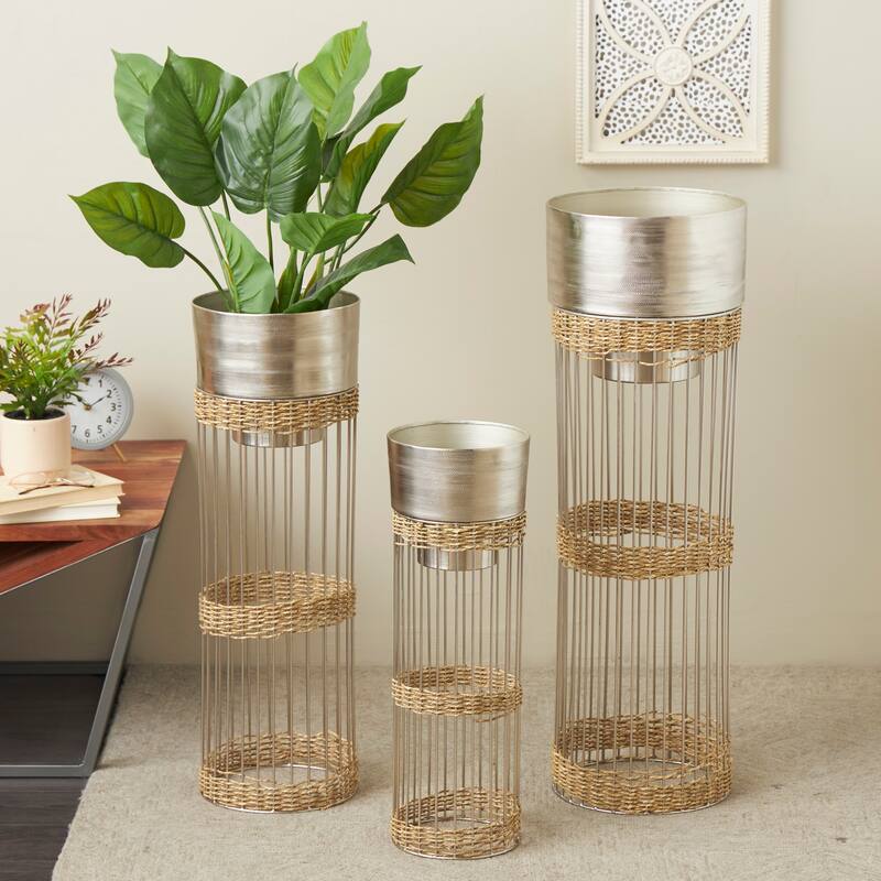 Silver or Gold Metal Caged Wire Planter with Woven Seagrass Accents (Set of 3)