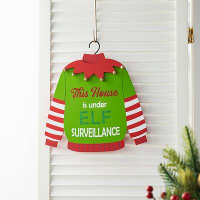 Glitzhome 13"H Wooden Christmas Elf Sweater Wall Hanging Sign Door Hanger - 13.25"H