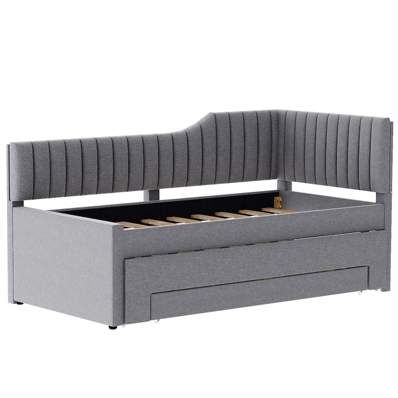 Twin Size Daybed Bed Frame with Linen Upholstered Backrest and Three Drawers, Pull-out Trundle Bed w/Slatted Support