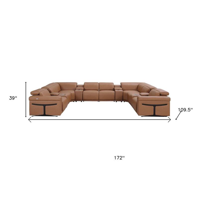 HomeRoots Chestnut Italian Leather Power Reclining U Shaped Ten Piece Corner Sectional With Console