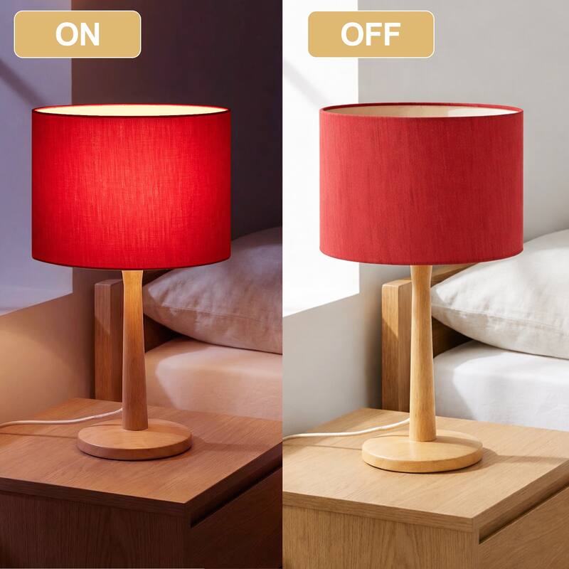 16.3" Modern Table Lamp with Natural Wood Base, Linen Fabric Drum Shade for Bedroom, Living Room, Nightstand