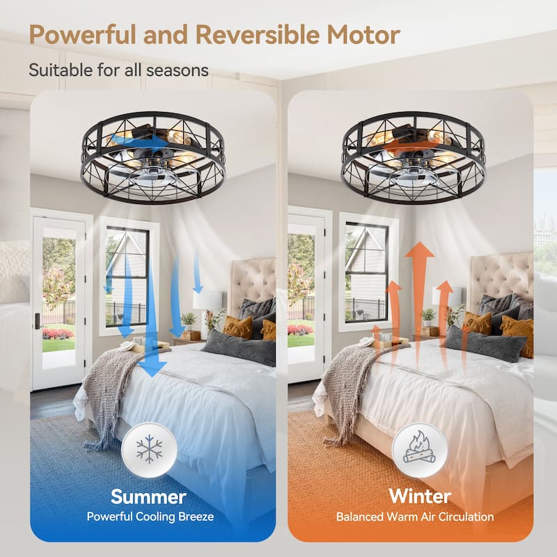 20" 7-Blade Matte Black Flush Mount Caged Ceiling Fan with Light and Remote