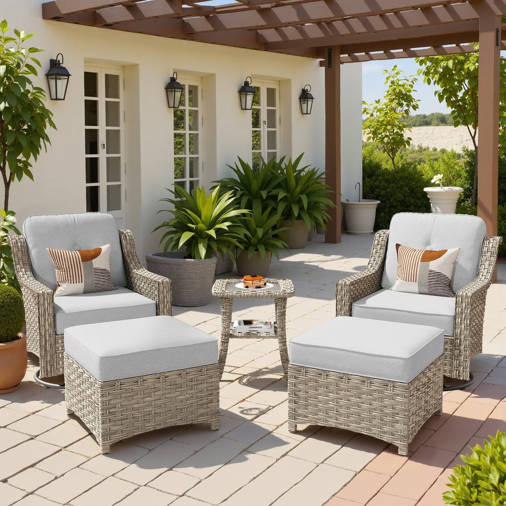 OVIOS 5 Pieces Outdoor Wicker Curved Swivel Chair Set With Ottoman