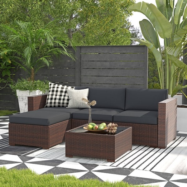 5-Piece Outdoor Wicker Sectional Sofa Set with Cushions Grey
