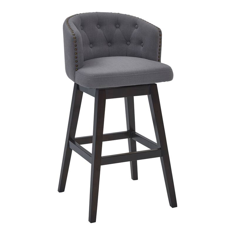26" Grey Tufted Fabric and Dark Espresso Wood Swivel Bar Stool - 35 x 21 x 21.5