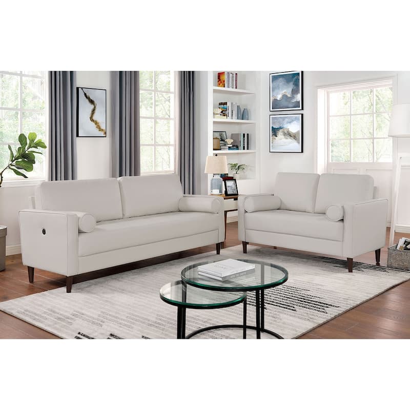 Contemporary Style Off-White 1Pc Sofa Leatherette Upholstered W Usb Bench Style Seating Bolster Pillows