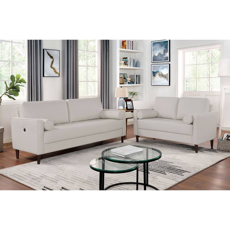 Contemporary Style Off-White Leatherette Upholstered Loveseat with Bench-style Seating and Bolster Pillows